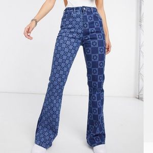 Jaded London Retro Flower Print Flare Jeans